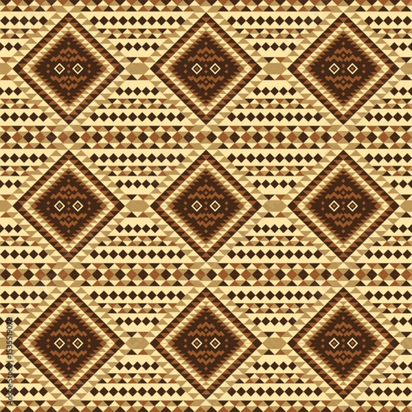 Obraz Traditional ethnic pattern with diamond motifs on dotted gold background. Classic tribal geometric design ideal for textiles, crafts and authentic cultural decor.