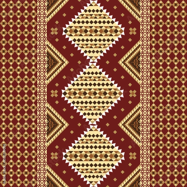 Obraz This rich, intricate textile, reminiscent of Southeast Asian songket, features gold geometric diamonds on a deep maroon background. Its symmetrical, luxurious design reflects cultural heritage.