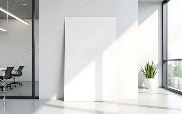 Fototapeta Blank poster mockup on white wall in modern office with glass meeting room and minimalist furniture in bright layout, 3D rendering. High quality