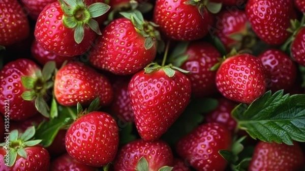 Fototapeta Fresh Strawberries: Juicy, ripe strawberries with vibrant red color and green leaves, creating a tempting and delicious image perfect for food blogs, recipes, and culinary websites. 
