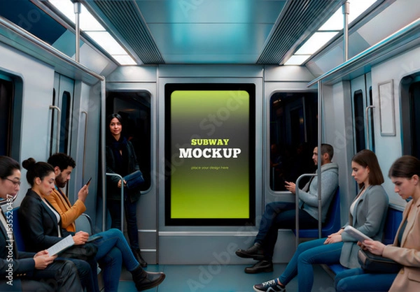 Fototapeta Billboard Mockup in Subway with Seated Passengers 