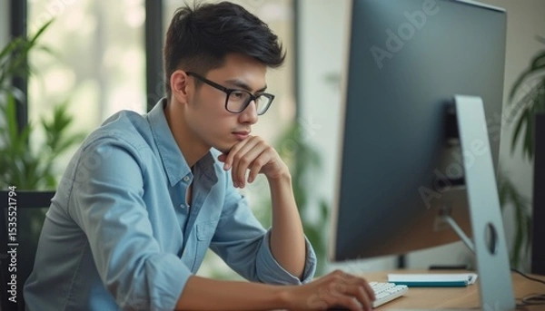 Fototapeta Focused young man working intently at a computer in a bright office