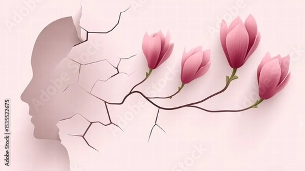 Obraz Human Silhouette with Flowering Branch Emerging from Cracked Surface