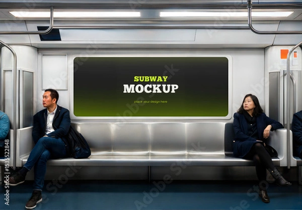 Fototapeta Billboard Mockup in Subway with Seated Passengers 