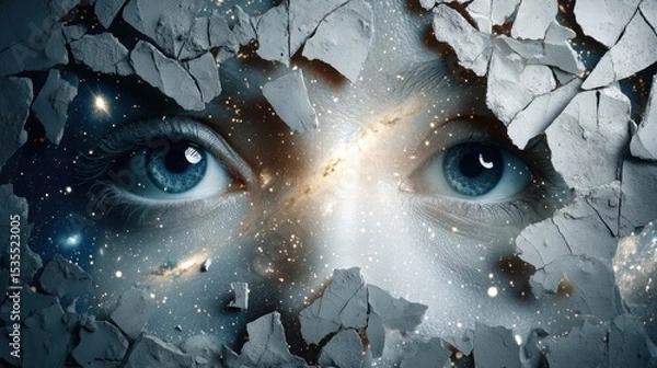 Obraz Face Emerging from Broken Wall with Cosmic Background Elements