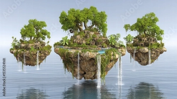 Obraz Floating Islands with Lush Greenery and Waterfalls in Calm Water