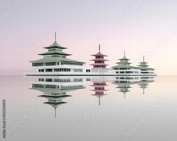 Obraz Serene Reflection of Modern Pagodas on Calm Water Surface