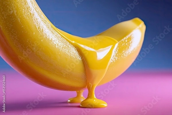 Obraz Yellow paint dripping down a banana with a purple and blue background