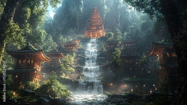 Fototapeta Ancient temple complex nestled in a lush, misty forest, waterfall cascading down mountainside