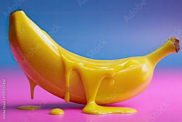 Obraz A banana covered in yellow glossy liquid sits against a purpleblue background
