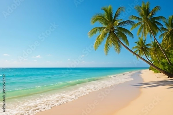 Fototapeta Tropical Beach with Shimmering Waves and Slanted Palm Trees