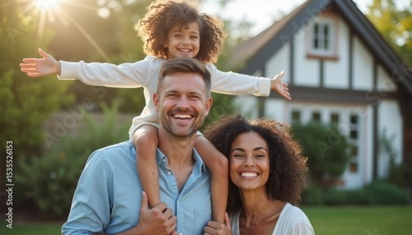 Fototapeta Joyful family enjoying a sunny day in their backyard