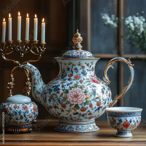 Fototapeta Tea set with candle and vase.