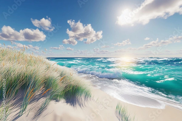 Obraz A scenic beach with white sand dunes and turquoise water under a sunny sky
