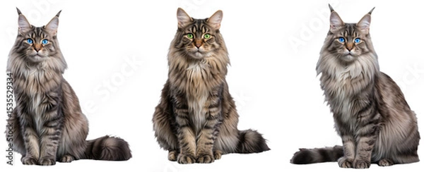 Obraz Set of fluffy tabby Maine Coon cats with blue and green eyes sitting on a transparent background