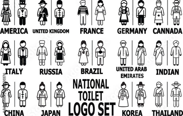 Fototapeta Vector restroom icons of men and women in traditional national costumes from different countries. Perfect for multicultural toilet signage, global-themed restrooms, or public space design.
