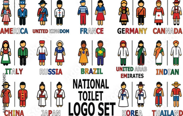Fototapeta Vector restroom icons of men and women in national costumes colored according to their country flags. Ideal for multicultural toilet signage and global restroom design. or public space design.
