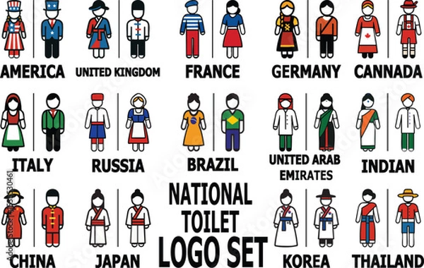 Fototapeta Vector restroom icons of men and women in national costumes colored according to their country flags. Ideal for multicultural toilet signage and global restroom design. or public space design.