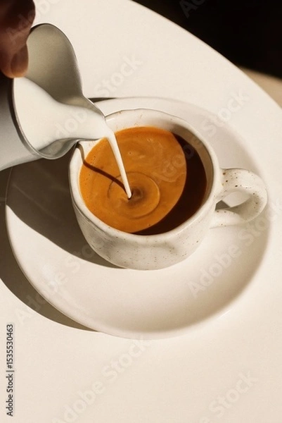 Obraz Minimalistic top-angle photo of a rustic white ceramic cup on a matching saucer, as milk is being poured into freshly brewed coffee. The swirl is clearly visible at the center of the cup