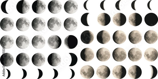 Fototapeta Vector illustration of moon phases showing waxing and waning cycles in grayscale and sepia tones. Ideal for astronomy, calendars, science education, and design projects.