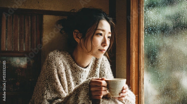 Obraz 静かな時間を楽しむ女性の雨の日ティータイム