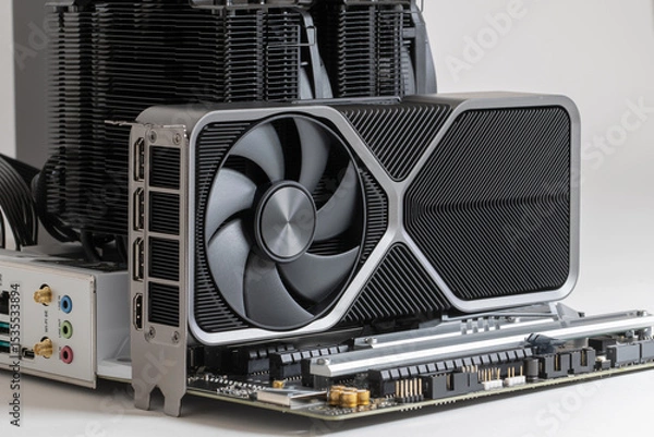 Fototapeta Computer parts with motherboard,  GPU graphic card, and audio connectors