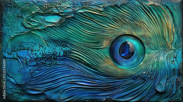 Fototapeta Vibrant abstract painting of peacock feather with detailed textures, rich colors, and intricate patterns showcasing the beauty of nature's elements artwork