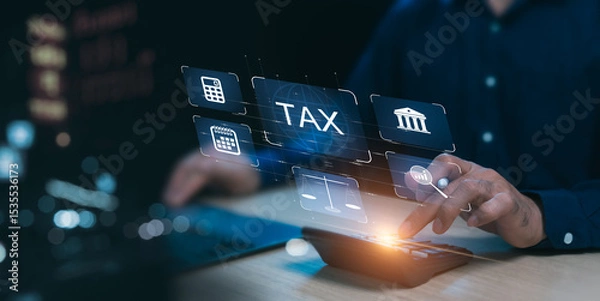 Fototapeta Online tax planning concept, Finance that must be deducted to the government, Man using a laptop to enter calculation data to report income to the Revenue Department, to pay taxes as required by law