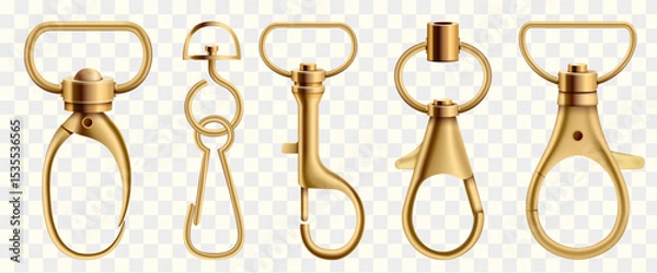 Fototapeta Realistic gold metal swivel lobster clasps in various shapes, commonly used in keychains, crafts, and bags.
Vector illustration