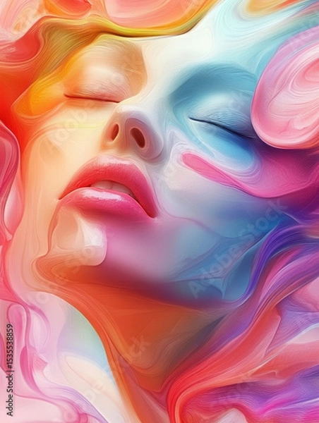 Fototapeta Abstract colorful face painting with flowing paint and vibrant swirls creating a dreamy and artistic portrait of a woman with closed eyes and serene expression