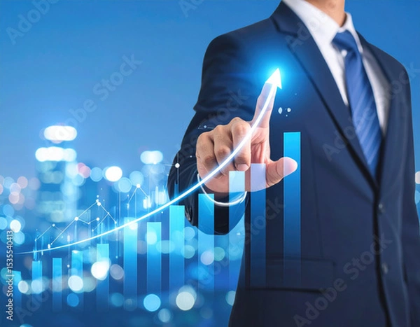 Fototapeta A man in a suit is pointing to a graph that shows a rising line. Concept of progress and growth, as the man's finger is on the upward arrow. The man's attire, including his suit and tie