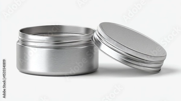 Fototapeta Metallic cosmetic jar revealing inner threading, positioned against pristine white backdrop, highlighting minimal packaging design for beauty product branding