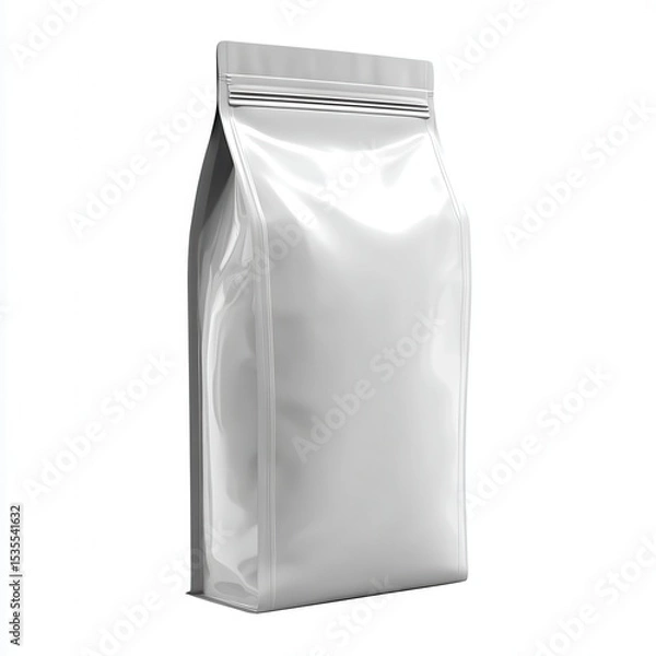 Fototapeta Blank flexible pouch bag featuring zipper, standing upright on white surface, ready for packaging design presentation, highlighting food storage solution