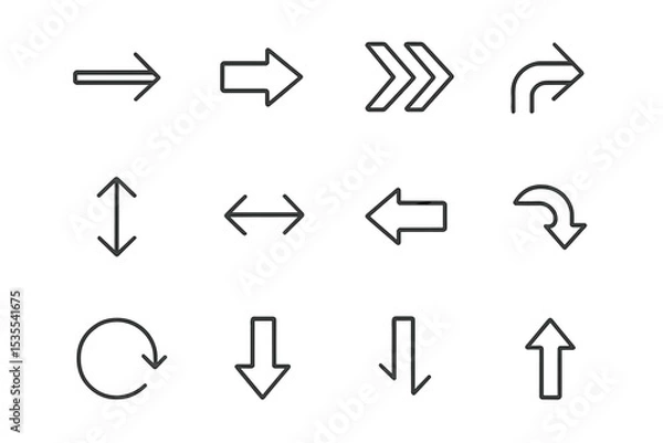 Fototapeta Directional arrows depicting various movements and turns in a simple, clean design suitable for instructional materials or signage