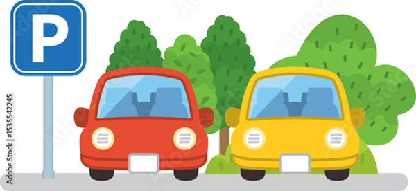 Obraz 駐車場に2台の自動車が停まっている