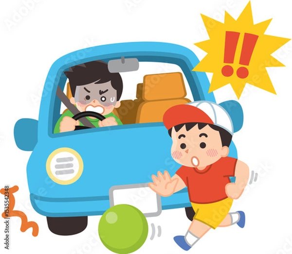 Obraz 交通安全　飛び出す子供と急ブレーキをかける自動車