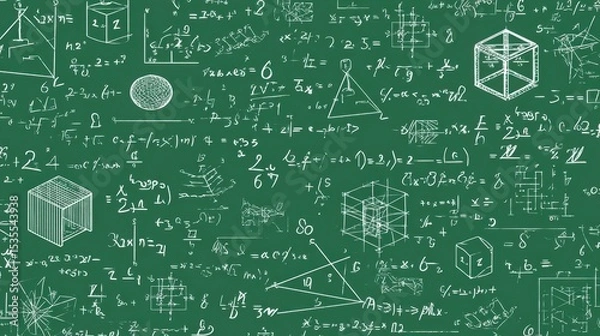 Fototapeta Chalk drawn scientific formulas and geometric shapes covering green chalkboard, forming seamless pattern for educational, scientific design backgrounds