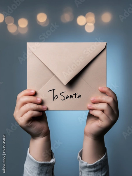 Obraz child’s hands holding a glittery, sparkly letter to Santa 