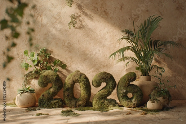 Obraz mossy and leaf-covered 3d of number "2026"