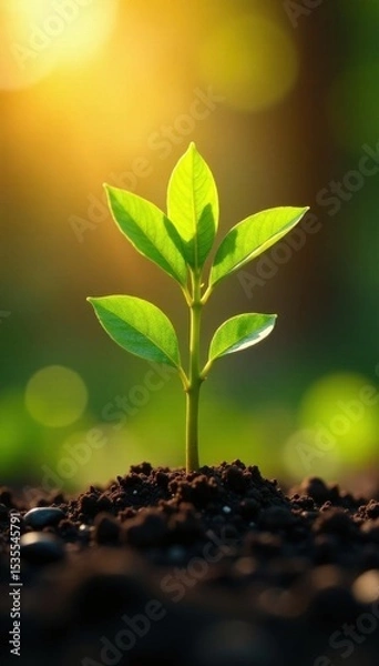 Obraz Sunrise illuminates young tree sapling, early growth stages , process, environment, light