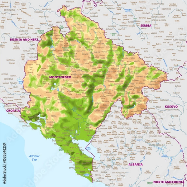 Obraz Detailed physical map of Montenegro