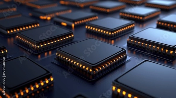 Fototapeta Microprocessors rows on black circuit board image render 3d. Innovative technology. Digital chips with orange lights background realistic graphic. Conceptual idea, visual storytelling