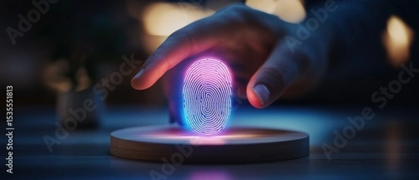 Obraz futuristic fingerprint scanning device with holographic projection and biometric technology in a modern setting