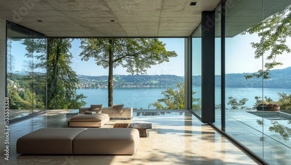 Fototapeta Modern open-plan living area with lake views