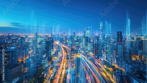 Fototapeta Modern city skyline at twilight with digital overlay