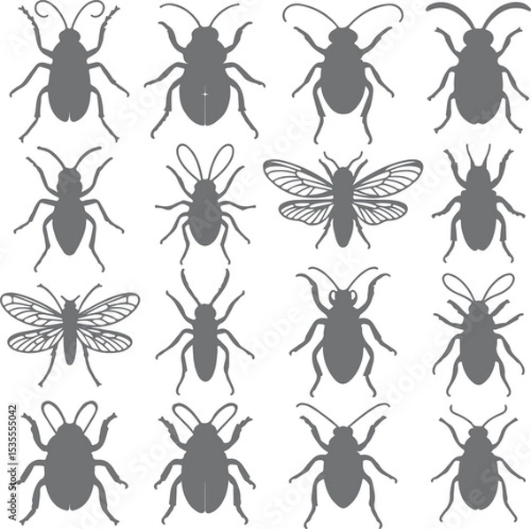Fototapeta Sixteen Gray Insect Silhouettes Collection Diverse Beetle and Fly Species Top View Gray Scale Vector Graphic Design Elements