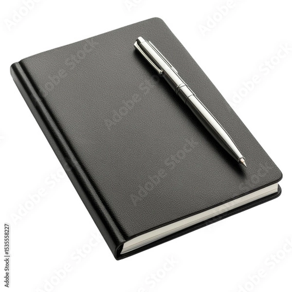 Fototapeta sleek black notebook with silver pen resting on top, perfect for jotting down notes or ideas. This stylish stationery is ideal for students and professionals alike