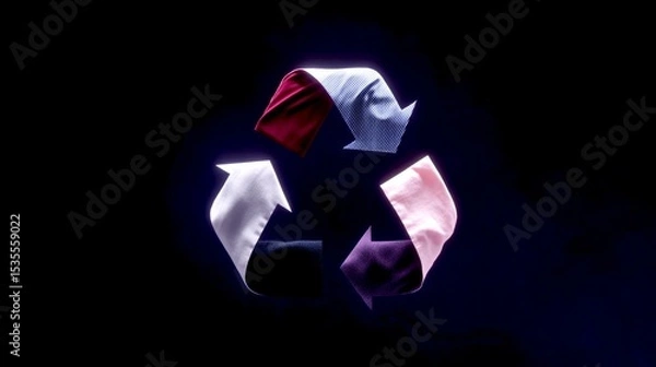 Fototapeta Colorful fabric arrows forming a recycling symbol in a dark atmosphere. This image showcases sustainability in fashion. It represents eco-friendly choices and modern design. AI