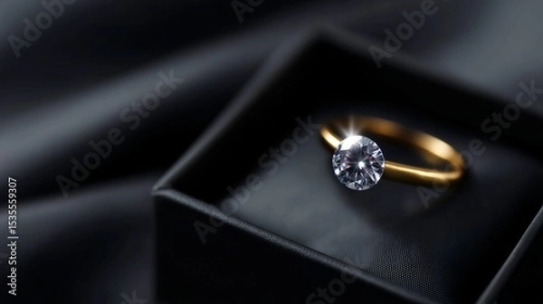 Fototapeta A stunning gold ring with a sparkling diamond sits elegantly in a black box. This jewelry piece signifies love and commitment. Perfect for special occasions. AI