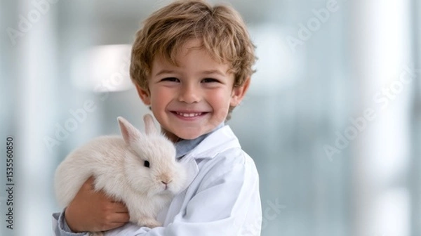 Fototapeta A joyful child smiles brightly while holding a fluffy white rabbit. The image captures innocence and affection. It shows a warm connection between animals and kids